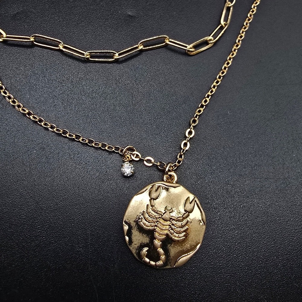 Scorpio Zodiac Charm Layered Chain Necklace Gold Tone Paper Clip Chain Astrology